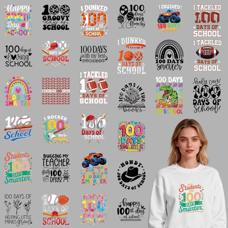 Shejdgart Dtf Transfers Ready to Press - 30 Pcs 100th Day of School Sport Iron on Patches for T-Shirts, Back to School Dinosaur Iron on Stickers Heat Transfer Vinyl Decals for DIY Fabric Clothes Decor - Image 1